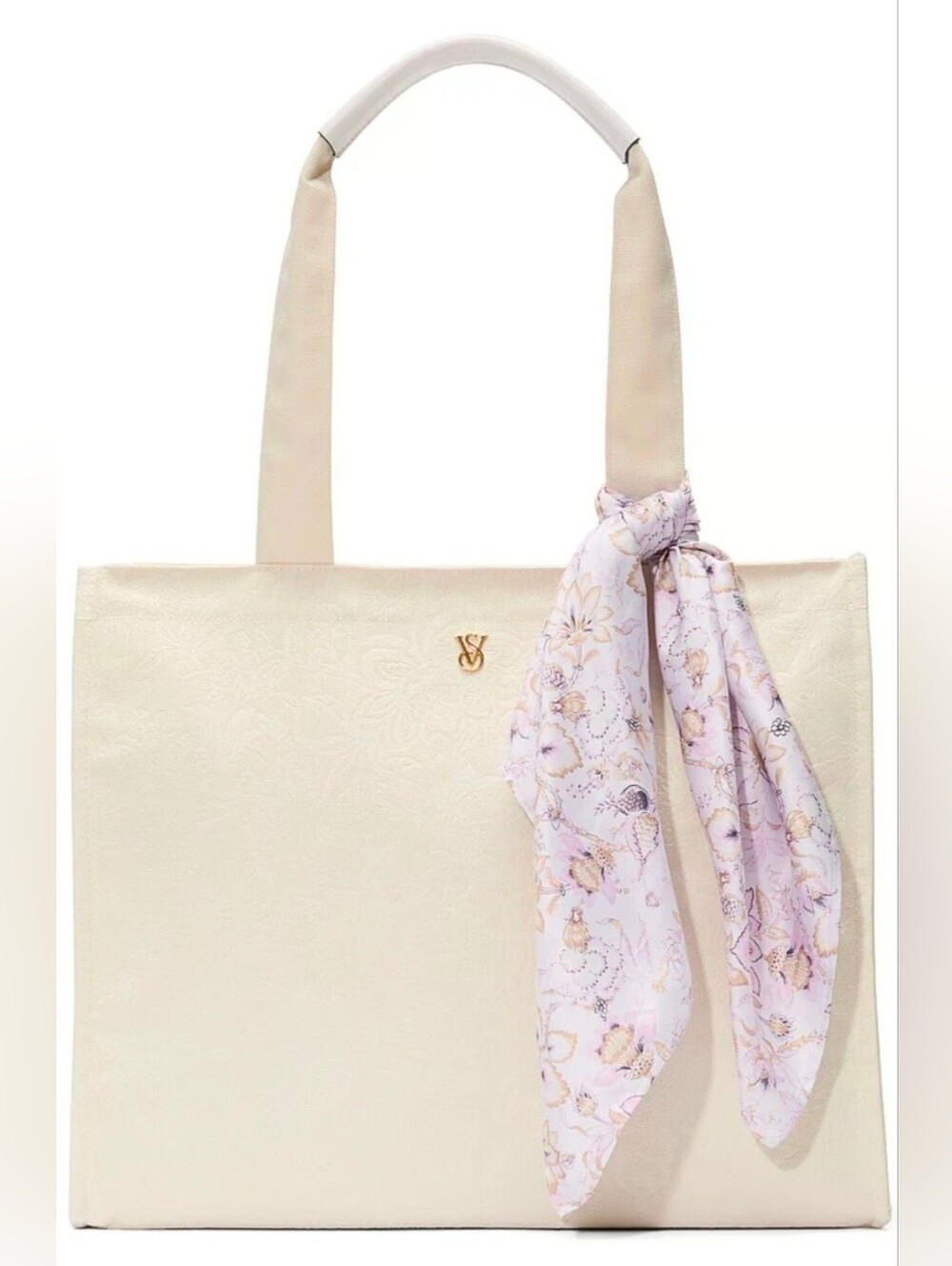 VS Victoria Secret Cream Floral Tote Embroidered With Purple Floral Scarf NWT